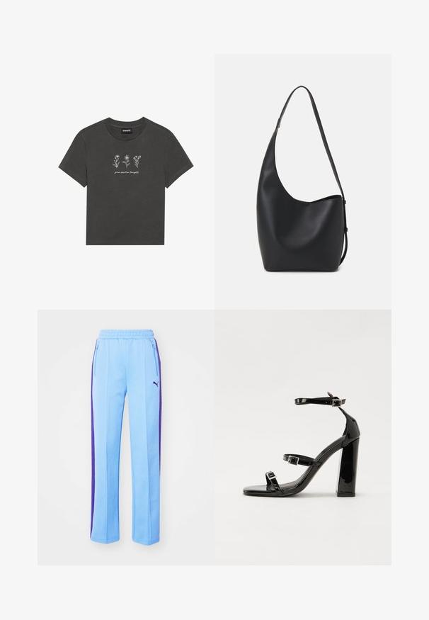 T-paita hiilenharmaata pehmeästä puuvillasta, jossa on valkoiset brodeeratut kukat ja teksti "kasva positiivisia ajatuksia" kuvion alla.; Vaaleansiniset collegehousut, joissa on violetteja sivunauhoja, elastinen vyötärönauha ja vetoketjulliset taskut. Pehmeä kangas ja suorat lahkeet.; Musta kiiltävä korkokenkä sandaalit neliönmuotoisella varpaalla, nilkkaremmillä ja hopeisilla soljilla. Varustettu tukevalla lohkokorkealla vakauden takaamiseksi.; Musta nahkainen hobo-laukku, jossa on sileä pinta, kaareva muoto ja yksi säädettävä olkahihna; sisäänkäynti on leveä ylhäältä.