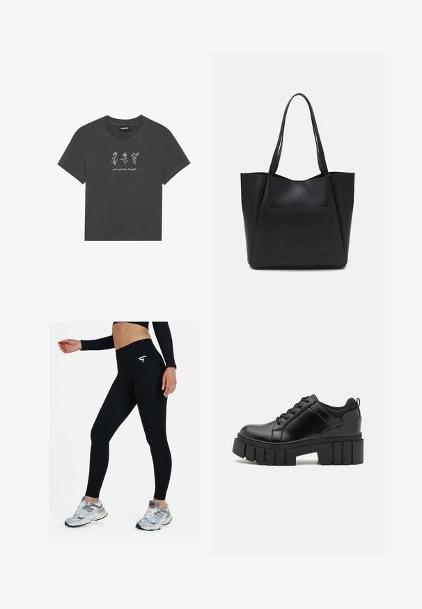 Tamnocrna majica od mekog pamuka, s bijelim izvezenim cvjetovima i natpisom "njeguj pozitivne misli" ispod dizajna.; Crne rebraste tajice s visokim strukom, s bijelim logotipom na bokovima. Nosive uz sive atletske tenisice, koje prikazuju glatku teksturu.; Crne kožne platforme s debelim blok-peta, okruglim prstima i klasičnim dizajnom vezanja. Imaju gladak tekstur i minimalne detalje.; Crna torba od glatkog sintetičkog materijala, s dvije duge ručke i prednjim džepom bez zatvarača. Otvoreni vrh s kutnim dizajnom.
