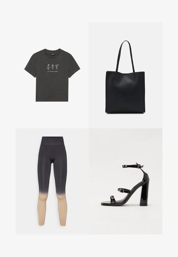 Kulfyldt grå T-shirt lavet af blød bomuld, med hvide broderede blomster og teksten "dyrk positive tanker" under designet.; Sort og beige ombre leggings med høj talje. Fremstillet af et strækbart materiale, der har en glat tekstur og tætsiddende design.; Sorte patenterede hælsandaler med firkantet tå, ankelremme og sølvspænder. Har en chunky blokHæl for stabilitet.; Sort læder tote taske med glat tekstur, rektangulær form og to lange hanke. Ingen synlig hardware eller udsmykninger.