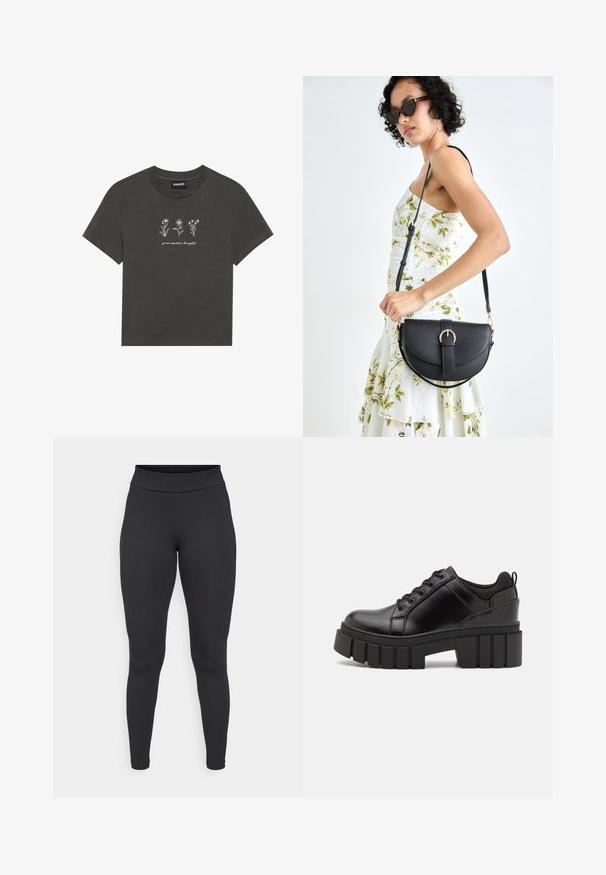 T-maica v ogljeno sivi barvi, izdelana iz mehkega bombaža, z belimi vezenimi rožami in napisom "goji pozitivne misli" pod dizajnom.; Črne legice iz elastičnega materiala, z visokim pasom, prileganjem in gladko teksturo brez vidnih vzorcev ali dodatkov.; Črne usnjene platforme z debelim blokastim petam, okroglo konico in klasičnim vezanjem. Imajo gladko teksturo in minimalne podrobnosti.; Črna usnjena torbica s ukrivljeno obliko, z odstranljivo naramnico in zlatimi dodatki. Torbica ima pokrov s podrobnostmi v obliki zaponke.