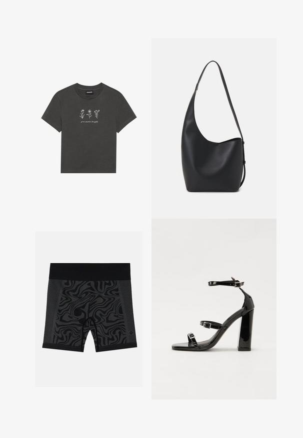 Tricou gri cărbune din bumbac moale, cu flori brodate albe și textul "grow positive thoughts" (cultivă gânduri pozitive) sub design.; Shorts atletici negri cu un model ondulat, detalii din plasă pe lateral și un brâu solid negru. Material neted, elastic.; Sandale cu toc din patent negru, cu vârf pătrat, curele la gleznă și catarame din argint. Dispune de un toc gros pentru stabilitate.; Geantă hobo din piele neagră, cu o textură netedă, formă curbată și un singur bretele ajustabil; are o deschidere largă în partea de sus.