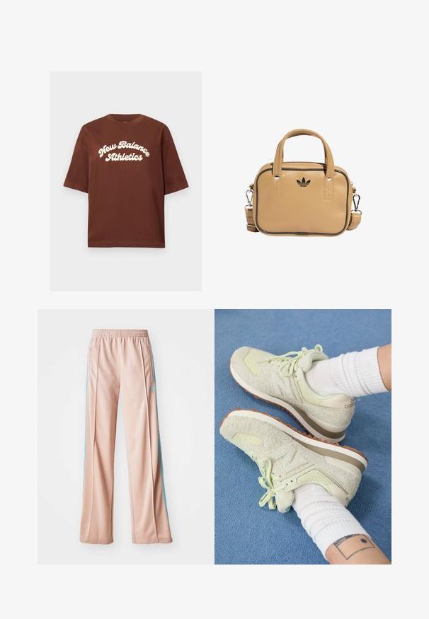 Brown cotton t-shirt with a relaxed fit, featuring white text that reads "New Balance Athletics" in a curved, bold font.; Light pink athletic pants with a relaxed fit, featuring blue side stripes and a drawstring waistband. Made of smooth, lightweight fabric.; Light green New Balance sneakers with textured suede and mesh, featuring a lace-up design and brown rubber outsole, resting on blue carpet.; Tan vegan leather bag with two handles, detachable shoulder strap, black accent stitching, and a small black logo on the front.