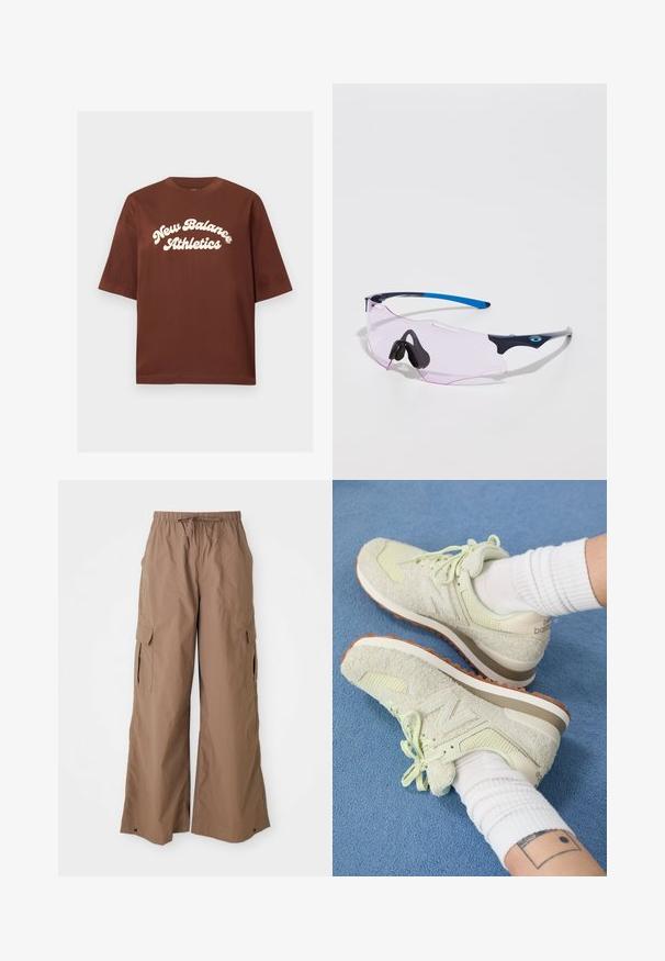 T-shirt de algodão castanho com um corte relaxado, apresentando texto branco que diz "New Balance Athletics" em uma fonte curva e em negrito.; Calças cargo largas, de corte solto, em tom castanho, com cintura elástica ajustável e bolsos laterais com aba, de perna larga, apresentadas sobre um fundo branco.; Sapatilhas New Balance verde-claro com camurça texturizada e malha, apresentando um design de atacadores e sola de borracha castanha, descansando sobre um tapete azul.; Óculos de sol desportivos com lentes transparentes cor-de-rosa. Possuem armações azul-escuro e cinza-claro. As almofadas do nariz ajustáveis melhoram o conforto.