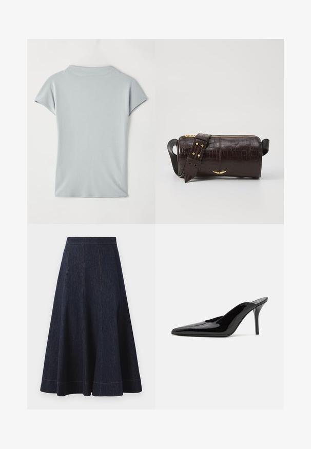 Lichtblauw kortlijn top van zachte stof, met een ronde halslijn en subtiele draping voor een relaxte pasvorm. Geen patronen of accenten.; Donkerblauwe spijkerrok met een flared silhouet, met verticale naaddetails en contrasterende oranje stiksels langs de zoom.; Zwarte gepatineerde leren hoge hak muiltjes met een spitse neus en een slanke silhouet, met een open achterkant en een slanke stilettohak.; Bruine krokodil-embosserende leren tas met een cilindervorm, gouden hardware en een afneembare schouderband met studs.