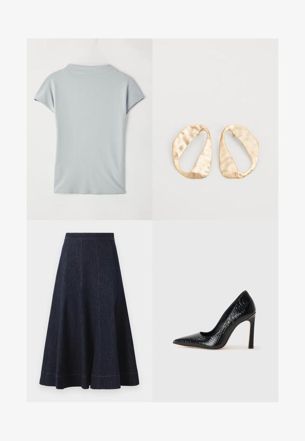 Top de manga corta azul claro, confeccionado en una tela suave, con un escote redondo y un drapeado sutil para un ajuste relajado. Sin patrones ni acentos.; Falda de mezclilla azul oscuro con una silueta acampanada, que presenta detalles de costuras verticales y un hilo naranja contrastante a lo largo del dobladillo.; Zapato de tacón alto negro con punta afilada y textura de piel de cocodrilo, que presenta un diseño elegante, un alto tacón de aguja y un interior negro suave.; Un par de pendientes de metal dorado en forma de óvalo irregular con una superficie texturizada y ligeramente martillada sobre un fondo blanco.