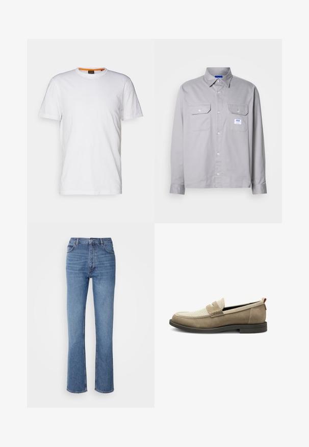 White cotton T-shirt with a crew neck, short sleeves, and a subtle embossed logo on the chest. Interior tag has an orange accent.; Gray long-sleeve shirt made of cotton, featuring a button-down collar, two chest pockets, and a small branded label on the left pocket.; Blue denim jeans with a high waist, straight-leg design, and subtle fading. Features classic five-pocket styling and a zip fly closure.; Light brown suede loafers with a mesh section on the upper, rectangular vamp detail, and a textured rubber sole. Features a red accent.