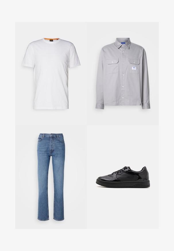 Valge puuvillane T-särk ümmarguse kaelusega, lühikeste varrukatega ja rinna peal diskreetse reljeefse logoga. Siseetiketil on oranž detail.; Hallikas pika varrukaga särk, mis on valmistatud puuvillast, varustatud nööbistatud krae, kahe rinnatasku ja väikese brändi sildiga vasakul taskul.; Sinised denim teksad kõrge vöökoha, sirge jala disaini ja kerge pleekimisega. Omavad klassikalist viit taskut ja tõmbluku sulgemist.; Mustad mustanvärviline tennis, millel on sile ja läikiv lakknaha ülemine osa, perforatsioonid varvaste piirkonnas ja tekstuuriga välispõhi haardeks. Minimalistlik disain.