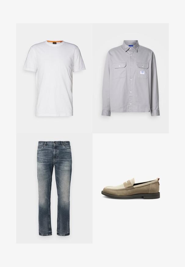 Witte katoenen T-shirt met ronde hals, korte mouwen en een subtiel reliëflogo op de borst. Het binnenlabel heeft een oranje accent.; Grijze longsleeve shirt van katoen, met een button-down kraag, twee borstzakken en een klein merklabel op de linker zak.; Blauwe denim jeans met een rechte pijp. Licht vervaagde gebieden, klassiek vijf-pocket ontwerp en een enkele metalen knoopsluiting bij de taille.; Lichtbruine suède loafers met een gaasgedeelte op de bovenkant, rechthoekig vampdetail en een gestructureerde rubberen zool. Heeft een rode accent.