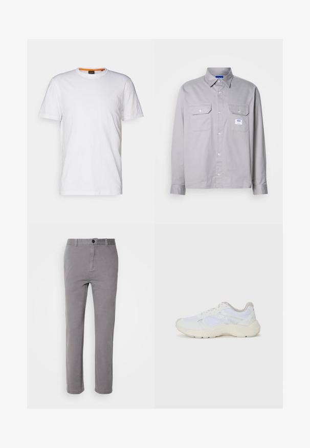 Camiseta de algodón blanca con cuello redondo, mangas cortas y un sutil logo en relieve en el pecho. La etiqueta interior tiene un acento naranja.; Camisa de manga larga gris de algodón, con cuello tipo cambray, dos bolsillos en el pecho y una pequeña etiqueta de marca en el bolsillo izquierdo.; Pantalones de mezcla de algodón grises con diseño de pierna recta, cierre de un solo botón y bolsillos laterales. Textura suave con un sutil brillo.; Zapatillas deportivas blancas hechas de malla y ante, con una entresuela texturizada, acentos texturizados y el logo "HUGO" en el lateral.