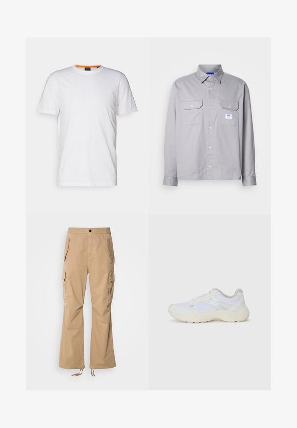Biely bavlnený tričko s okrúhlym výstrihom, krátkymi rukávmi a jemne embosovaným logom na hrudi. Vnútorná etiketa má oranžový akcent.; Šedá košeľa s dlhým rukávom vyrobená z bavlny, s golierom na gombíky, dvoma náprsními vreckami a malou značkovou nálepkou na ľavom vrecku.; Bežové cargo nohavice s elastickým pásom, dvoma veľkými bočnými vreckami a nastaviteľnými sťahovacími šnúrkami na leme. Hladká textúra látky.; Biele atletické topánky vyrobené z materiálov sieťoviny a semišu, s textúrovanou strednou podošvou, textúrovanými akcentmi a logom "HUGO" na boku.