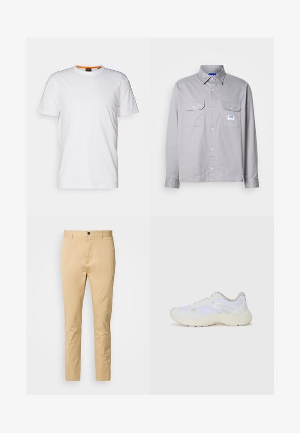 Biely bavlnený tričko s okrúhlym výstrihom, krátkymi rukávmi a jemne embosovaným logom na hrudi. Vnútorná etiketa má oranžový akcent.; Šedá košeľa s dlhým rukávom vyrobená z bavlny, s golierom na gombíky, dvoma náprsními vreckami a malou značkovou nálepkou na ľavom vrecku.; Béžové chinos nohavice z bavlny s hladkou textúrou. Majú zapínanie na gombík, pútka na opasok a zužujú sa smerom k členkom.; Biele atletické topánky vyrobené z materiálov sieťoviny a semišu, s textúrovanou strednou podošvou, textúrovanými akcentmi a logom "HUGO" na boku.