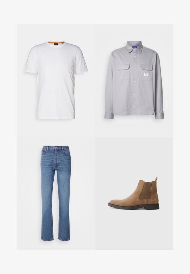 Biely bavlnený tričko s okrúhlym výstrihom, krátkymi rukávmi a jemne embosovaným logom na hrudi. Vnútorná etiketa má oranžový akcent.; Šedá košeľa s dlhým rukávom vyrobená z bavlny, s golierom na gombíky, dvoma náprsními vreckami a malou značkovou nálepkou na ľavom vrecku.; Modré denimové džínsy s vysokým pásom, rovnými nohavicami a jemným vyblednutím. Majú klasický strih s piatimi vreckami a zapínanie na zips.; Hnedé semišové Chelsea topánky s elastickými bočnými panelmi a pútkom. Majú zaoblenú špicu a plochú gumovú podrážku pre stabilitu.
