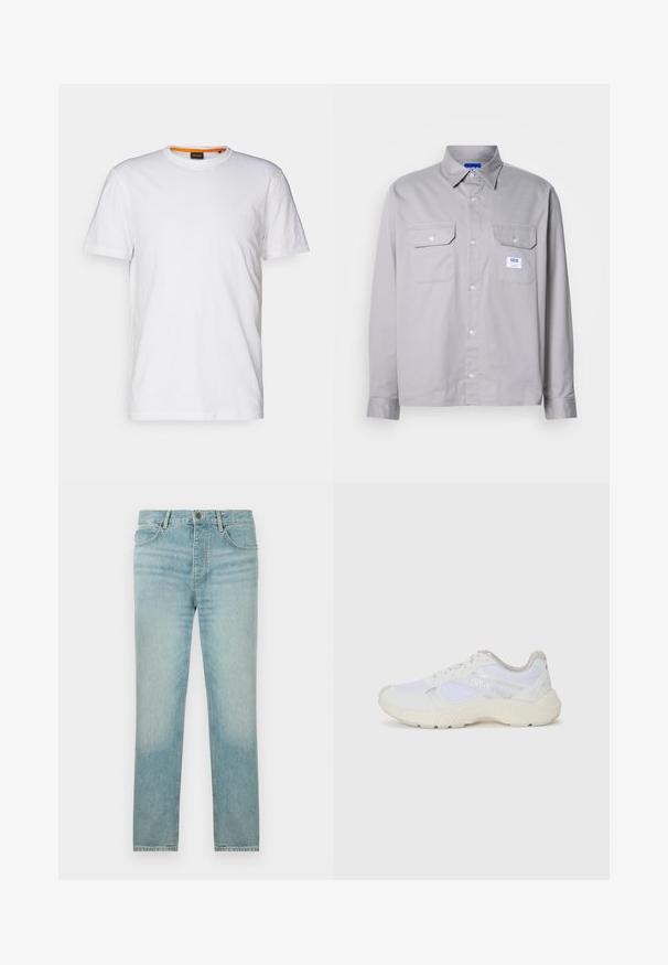 Balta kokvilnas T-krekls ar apaļu kakla izgriezumu, īsām piedurknēm un nemanāmu reljefa logo uz krūšu daļas. Iekšējā birka ar oranžu akcentu.; Pelēks garām piedurknēm krekls, izgatavots no kokvilnas, ar pogājamu apkakli, divām krūšu kabatām un mazu zīmola etiķeti kreisajā kabatā.; Gai zils džinsu audums ar taisnām kājām, ar izgaismotu veidolu, piecu kabatu dizainu un priekšējo pogu aizdari.; Baltas sporta apavi, kas izgatavoti no sieta un zamšāda, ar teksturētu starpzoli, teksturētām akcentēm un "HUGO" logo sānos.