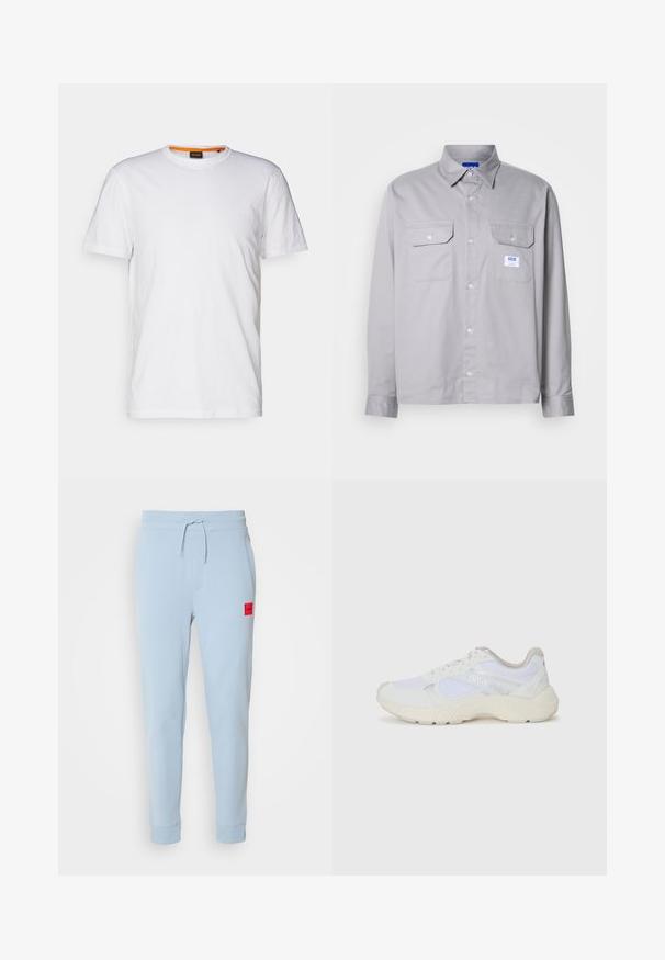 Tricou alb din bumbac, cu guler rotund, mâneci scurte și un logo subtil embosat pe piept. Eticheta interioară are un accent portocaliu.; Cămașă gri cu mâneci lungi, fabricată din bumbac, având gulere cu nasturi, două buzunare pe piept și un mic eticheta branduită pe buzunarul din stânga.; Pantaloni jogger din bumbac albastru deschis, cu talie ajustabilă prin șnur, buzunare laterale și o mică aplicație logo roșie pe partea stângă. Manșete ajustate la glezne.; Adidași albi, din plasă și piele întoarsă, cu o talpă intermediară texturată, accente texturate și logo-ul "HUGO" pe lateral.