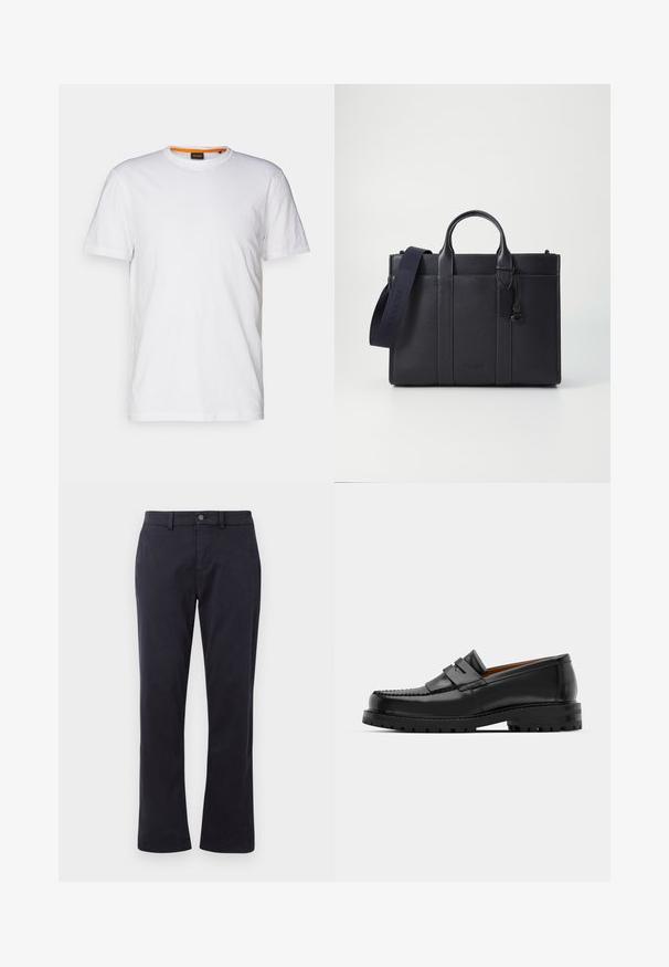 White cotton T-shirt with a crew neck, short sleeves, and a subtle embossed logo on the chest. Interior tag has an orange accent.; Dark navy straight-leg pants with belt loops and front button closure, displayed on a white background.; Black leather loafers feature a raised seam, two decorative straps on the upper, and a thick textured sole for added grip.; Dark navy leather briefcase with dual top handles and a detachable strap. Features textured finish, vertical stitching, and logo detail.