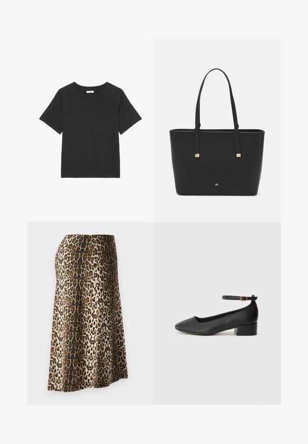 T-shirt preta feita de tecido macio, com gola redonda e mangas curtas. O design é simples, sem padrões ou acentos visíveis.; Saia de padrão leopardo com uma textura macia e suave; as cores incluem bege, preto e castanho; comprimento até o tornozelo com cintura ajustada.; Sandal de pele preta com bico pontiagudo e um salto bloco baixo. Apresenta uma tira no tornozelo com uma fivela em tom dourado. Textura suave.; Saco tote preto feito de material sintético, apresentando um design retangular simples, com detalhes quadrados dourados e duas alças.