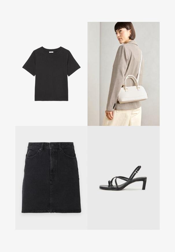 Black t-shirt made of soft fabric, featuring a crew neckline and short sleeves. The design is simple with no visible patterns or accents.; Black denim skirt with a straight cut, featuring a front button and zipper closure, two front pockets, and simple stitching details.; Black strappy sandal with a square toe and a low block heel. Features multiple thin straps and an adjustable ankle strap. Made of smooth leather.; White structured handbag with short handles and a shoulder strap, featuring gold hardware accents and textured material, displayed against a grey background.