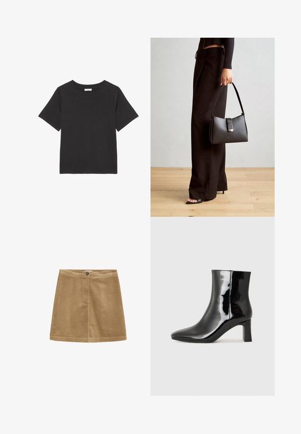 Fekete póló, puha anyagból készült, kerek nyakkivágással és rövid ujjakkal. A dizájn egyszerű, nem tartalmaz látható mintákat vagy díszítéseket.; Barna kordbársony mini szoknya gombos záródással, függőleges bordázott textúrával és egyszerű dizájnnal. Az alja egyszerű és tiszta vonalú.; Fekete lakk bőrcipő bokáig érő, hegyes orral és közepes magasságú tömbsarokkal. Simább textúrával és minimalista dizájnnal rendelkezik.; Fekete kézi táska strukturált formával, sima textúrával és fémből készült záródással. Széles fekete nadrággal és nyitott orrú szandállal párosítva, fából készült padlón.