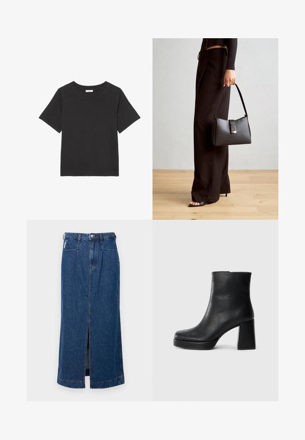 Sort t-shirt lavet af blødt stof, med en rund halsudskæring og korte ærmer. Designet er simpelt uden synlige mønstre eller detaljer.; Denim midi-skirt i mørkeblå, med en frontslid, fem-lomme design og bæltestropper i taljen. Glat, robust tekstur.; Sort læder ankelstøvle med blokhæl og platformssål, set fra siden på en ensfarvet hvid baggrund.; Sort håndtaske med struktureret form, glat overflade og metalspænde. Sammen med brede sorte bukser og sandaler med åben tå på trægulv.