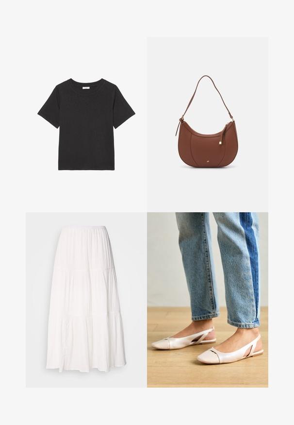 Juodas tinkamas marškinėliai, pagaminti iš minkštos medžiagos, su apykakle ir trumpomis rankovėmis. Dizainas paprastas, be matomų raštų ar akcentų.; Balta, sluoksniuota midi sijonas su surištomis juosmeniu, pagamintas iš minkštos, lengvos medžiagos ir šiek tiek raukšlėto paviršiaus.; Šviesiai rožiniai slingback baleto bateliai su smailiu pirštu, pagaminti iš lygios odai panašios medžiagos. Yra išpjovimų detalės šonuose ir plokščias kulnas.; Ruda dirbtinės odos petinė piniginė su kreiva forma, minimalia siuvimo linija ir auksinės spalvos įranga. Yra užtrauktuko uždarymas viršuje ir reguliuojama petneša.