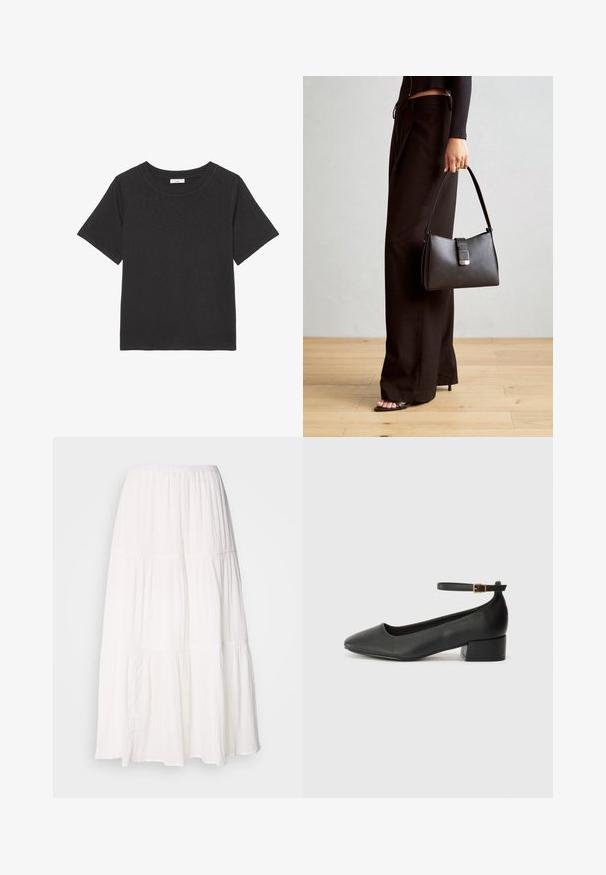 Musta T-särk, mis on valmistatud pehmest kangast, ümarate kaeluste ja lühikeste varrukatega. Disain on lihtne, ilma nähtavate mustrite või aktsentideta.; Valge kihiline midi seelik, millel on smockitud vöökoht, pehme ja kergest kangast ning veidi kortsus tekstuur.; Must mustaapp, millel on terav nina ja madal blokk-kand. Omab pahkluu rihma koos kuldse tooni pandlaga. Sile tekstuur.; Must musta kott, millel on struktureeritud kuju, sile tekstuur ja metallist klamber. Kombineeritud laiate mustade pükstega ja avatud varvaste sandaalidega puidust põrandal.