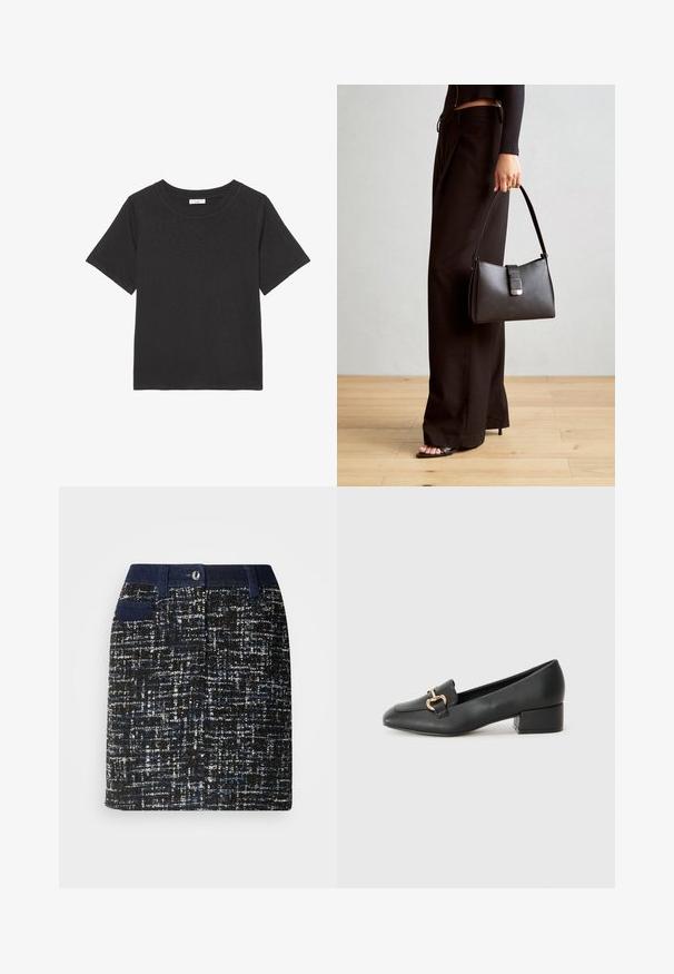 Crna majica izrađena od mekog materijala, s okruglim izrezom i kratkim rukavima. Dizajn je jednostavan bez vidljivih uzoraka ili akcenata.; Tkana suknja u crnoj boji s plavim i bijelim točkicama. Ima tamni pojas, prednje džepove i ravni kroj. Teksturirana tkanina.; Crne kožne mokasine s ravnim potplatom, s dekorativnim zlatnim detaljem sprijeda i glatkom teksturom.; Crna torba s oblikom koji sadrži strukturu, glađu teksturu i metalnu kopču. Uparena s širokim crnim hlačama i sandalama na otvorenom s drvenog poda.