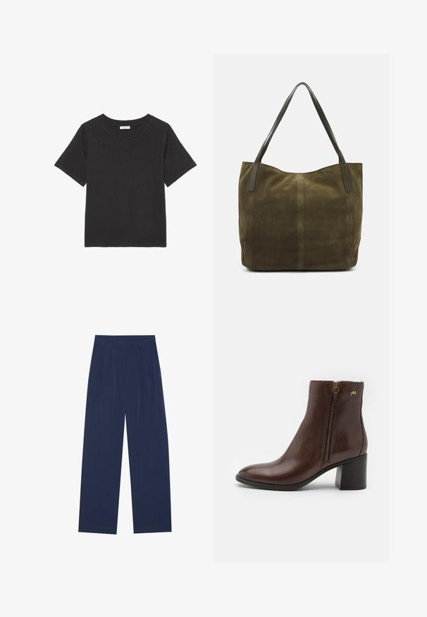 Crna majica izrađena od mekog materijala, s okruglim izrezom i kratkim rukavima. Dizajn je jednostavan bez vidljivih uzoraka ili akcenata.; Tamno plave hlače širokih nogavica, izrađene od mekog materijala, s prednjim nabora, glatke teksture i ravnog kroja bez vidljivih džepova.; Tamno smeđa kožna čizma do gležnja s okruglim vrhom, bočnim patentnim zatvaračem sa zlatnim detaljima i blok-petom koja ima teksturirani uzorak.; Tote torba od maslinastozelene suede kože s dva kožna ručka, mekih tekstura, šiveni detalj niz sredinu i otvoreni dizajn na vrhu.