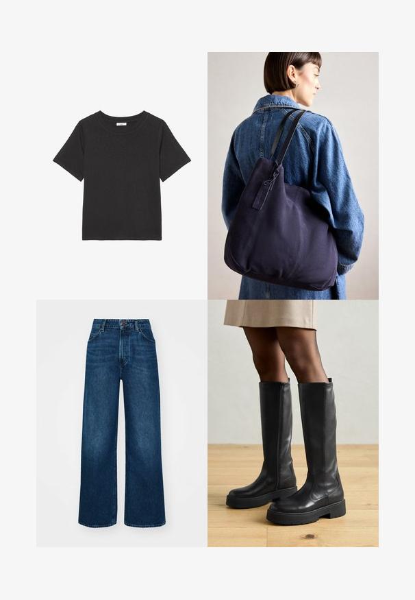 Czarna koszulka z miękkiego materiału, z okrągłym dekoltem i krótkimi rękawami. Projekt jest prosty, bez widocznych wzorów czy akcentów.; Jeans o wysokim stanie i szerokich nogawkach w ciemnoniebieskim deninie o gładkiej fakturze, z kontrastowymi szwami i pięcioma kieszeniami. Zapięcie na guzik z przodu.; Czarne kozaki do kolan wykonane ze skóry o gładkiej fakturze, z grubą gumową podeszwą i bocznym zamkiem błyskawicznym ułatwiającym zakładanie.; Granatowa torba na ramię z płótna o miękkim, strukturalnym kształcie, z czarnym paskiem, przeszyciami i małą metką marki.