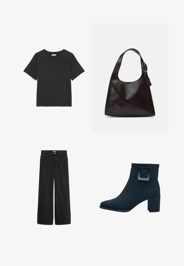 T-shirt nera realizzata in tessuto morbido, con collo a giro e maniche corte. Il design è semplice, senza motivi o dettagli visibili.; Jeans in denim nero a gamba larga con vita alta. Presentano cinque tasche, accessori metallici e una finitura pulita. La texture è liscia e morbida.; Stivale alla caviglia in suede nero con punta quadrata e un ampio tacco a blocco. Caratterizzato da una larga fascia con dettaglio della fibbia rettangolare.; Borsa a spalla in pelle marrone con una texture liscia, forma arrotondata, ampia tracolla e un accento metallico circolare sul manico.