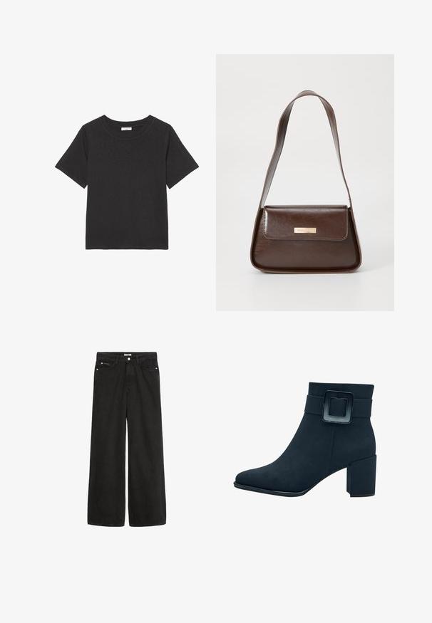 Black t-shirt made of soft fabric, featuring a crew neckline and short sleeves. The design is simple with no visible patterns or accents.; Wide-leg black denim jeans with a high waist. Features five pockets, metal hardware, and a clean finish. The texture is smooth and soft.; Black suede ankle boot with a square toe and a wide block heel. Features a wide strap with a rectangular buckle detail.; Brown leather shoulder bag with a structured shape, featuring a magnetic flap closure and a metallic logo accent on the front.
