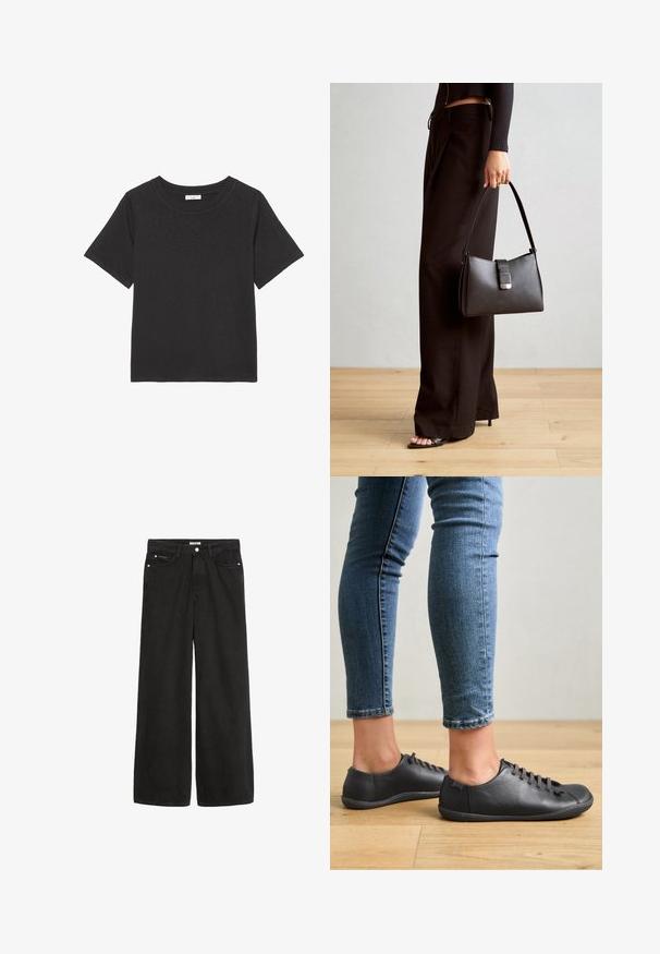 Fekete póló, puha anyagból készült, kerek nyakkivágással és rövid ujjakkal. A dizájn egyszerű, nem tartalmaz látható mintákat vagy díszítéseket.; Széles lábú fekete farmernadrág magas derékkal. Öt zseb, fémalkatrészek és letisztult kivitel jellemzi. A textúra sima és puha.; Fekete bőr cipők lekerekített orral, alacsony profilúak és fűzős kialakításúak. Kék, testhezálló farmerral és fa padló háttérrel párosítva.; Fekete kézi táska strukturált formával, sima textúrával és fémből készült záródással. Széles fekete nadrággal és nyitott orrú szandállal párosítva, fából készült padlón.