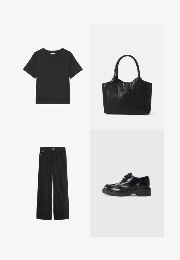 Čierne tričko vyrobené z jemnej látky, s okrúhlym výstrihom a krátkymi rukávmi. Dizajn je jednoduchý, bez viditeľných vzorov alebo akcentov.; Široké čierne denímové džínsy s vysokým pásom. Obsahujú päť vreciek, kovové doplnky a čistý vzhľad. Textúra je hladká a jemná.; Čierne kožené oxfordky s guľatou špičkou, šnurovací dizajn a hrubá čierna gumová podrážka. Hladký povrch a minimálne detaily šitia.; Čierna kožená taška s hladkou textúrou, štruktúrovaným tvarom, dvoma uchami a výrazným strieborným prackovým detailom na prednej strane.