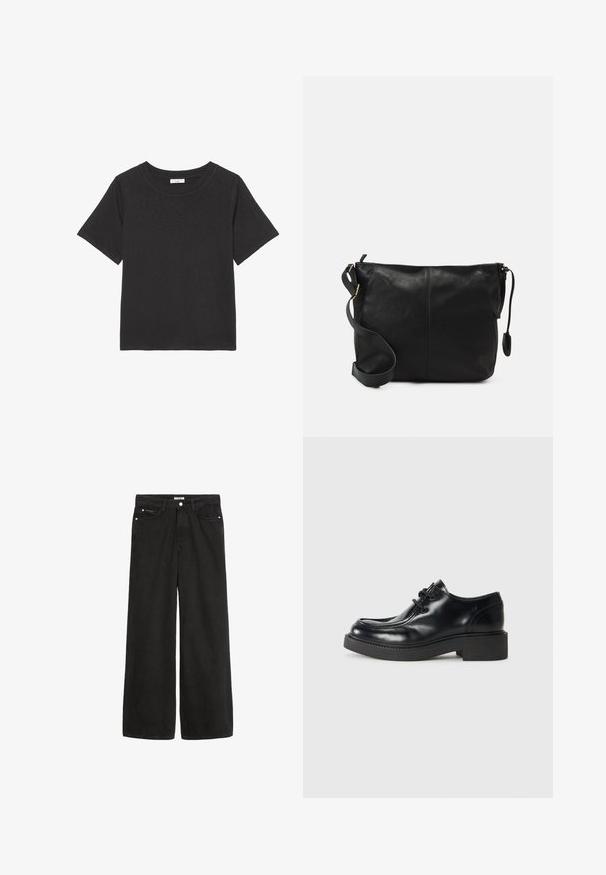 T-shirt preta feita de tecido macio, com gola redonda e mangas curtas. O design é simples, sem padrões ou acentos visíveis.; Jeans de denim preto de perna larga com cintura alta. Apresenta cinco bolsos, ferragens metálicas e um acabamento limpo. A textura é suave e macia.; Sapatilha oxford de couro preto com biqueira arredondada, design de atacadores e sola de borracha preta grossa. Textura suave e detalhes de costura mínimos.; Mala de ombro em couro preto com forma plana, detalhes em metal dourado e alça ajustável. Textura suave com detalhes de costura mínimos.