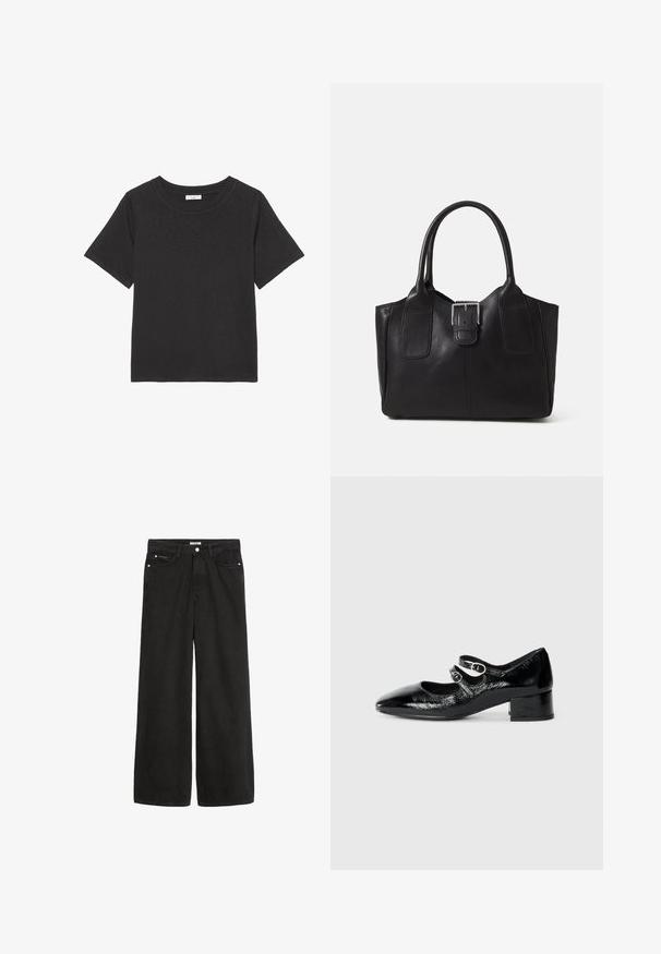 Crna majica izrađena od mekog materijala, s okruglim izrezom i kratkim rukavima. Dizajn je jednostavan bez vidljivih uzoraka ili akcenata.; Crne traperice širokih nogavica s visokim strukom. Ima pet džepova, metalne detalje i čisti završetak. Tekstura je glatka i mekana.; Crne lakirane Mary Jane cipele s šiljastim vrhom, dva prilagodljiva remena s okruglim hardverom i niskom blok petom.; Crna kožna torba za nošenje s glatkom teksturom, strukturiranim oblikom, dvije ručke i istaknutim srebrnim kopčanjem na prednjoj strani.