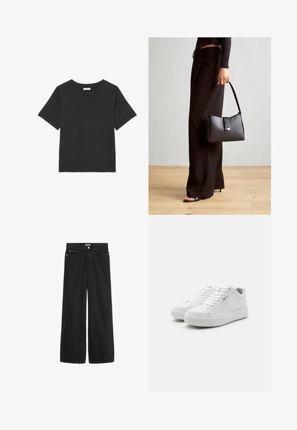 Melnā T-kreklā, izgatavotā no mīkstas auduma, ir apaļš kakls un īsas piedurknes. Dizains ir vienkāršs, bez redzamām rakstām vai akcentiem.; Plašas kāju melnas denima bikses ar augstu jostasvietu. Iespējo piecas kabatas, metāla detaļas un gludu apdari. Audums ir mīksts un patīkams uz tausti.; Baltas zemu augstumu skrējēju kurpes ar gludu kanvas virsotni, apaļu purngalu un biezu gumijas zoli. Iezīmējas ar auklu aizdari un minimālistisku dizainu.; Melnā somiņa ar strukturētu formu, gludu tekstūru un metālu sprādzi. Saskaņota ar platām melnām biksēm un sandālēm ar atvērtu purngalu uz koka grīdas.