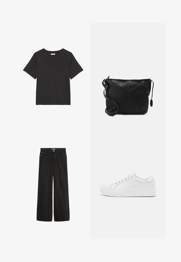 Fekete póló, puha anyagból készült, kerek nyakkivágással és rövid ujjakkal. A dizájn egyszerű, nem tartalmaz látható mintákat vagy díszítéseket.; Széles lábú fekete farmernadrág magas derékkal. Öt zseb, fémalkatrészek és letisztult kivitel jellemzi. A textúra sima és puha.; Fehér sneaker sima bőr felsőrésszel, kerek orral és vastag fehér talppal. Hat arany fűzőlyukkal és diszkrét oldali varrással rendelkezik.; Fekete bőr keresztpántos táska lapos formával, arany fémrészekkel és állítható pánttal. Simább textúra minimális varrási részletekkel.