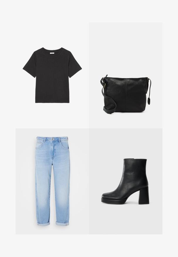 Fekete póló, puha anyagból készült, kerek nyakkivágással és rövid ujjakkal. A dizájn egyszerű, nem tartalmaz látható mintákat vagy díszítéseket.; Világoskék farmernadrág magas derékkal, egyenes szabással, felhajtott szárakkal és öt zsebes kialakítással. Enyhén kopott textúra, látható varrással.; Fekete bőr bokacsizma tömbsarkal és platform talppal, oldalról nézve, sima fehér háttéren.; Fekete bőr keresztpántos táska lapos formával, arany fémrészekkel és állítható pánttal. Simább textúra minimális varrási részletekkel.