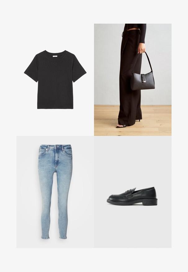 Musta t-paita, joka on valmistettu pehmeästä kankaasta ja jossa on pyöreä kaula-aukko sekä lyhyet hihat. Suunnittelu on yksinkertainen ilman näkyviä kuvioita tai korostuksia.; Vaaleansiniset denim-farkut, joissa on slim fit -malli, viisi taskua, vetoketjukiinnitys ja hieman haalistumista edessä. Raidoitus on käännetty nilkoissa.; Musta nahkainen loafers-mallinen kenkä pyöreällä varvalla, ommelluilla yksityiskohdilla ja pienellä korolla. Yksinkertainen pinta ja joustava kumipohja.; Musta käsilaukku, jossa on rakenteellinen muoto, sileä pinta ja metallinen solki. Yhdistetty leveisiin mustiin housuihin ja avonaiheisiin sandaaleihin puulattialla.