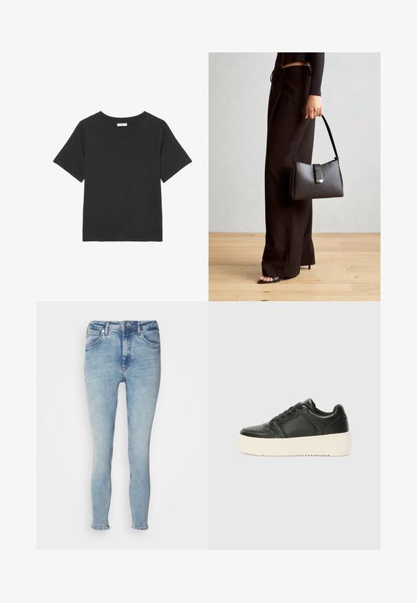 Μαύρο μπλουζάκι από μαλακό ύφασμα, με στρογγυλή λαιμόκοψη και κοντά μανίκια. Ο σχεδιασμός είναι απλός χωρίς ορατά σχέδια ή λεπτομέρειες.; Ανοιχτό μπλε τζιν παντελόνι σε στενή γραμμή, με σχέδιο πέντε τσεπών, φερμουάρ και ελαφριά φθορά μπροστά. Το τελείωμα είναι διπλωμένο στους αστραγάλους.; Μαύρο δερμάτινο αθλητικό παπούτσι με λεία υφή, χοντρή κρέμα-χρωματισμένη σόλα, στρογγυλή μύτη και κλασικό σχέδιο με κορδόνια. Υποβλητές λεπτομέρειες ραφής.; Μαύρη τσάντα χειρός με δομημένο σχήμα, λεία υφή και μεταλλικό κούμπωμα. Συνδυασμένη με φαρδιά μαύρα παντελόνια και σανδάλια ανοιχτής μύτης πάνω σε ξύλινο πάτωμα.