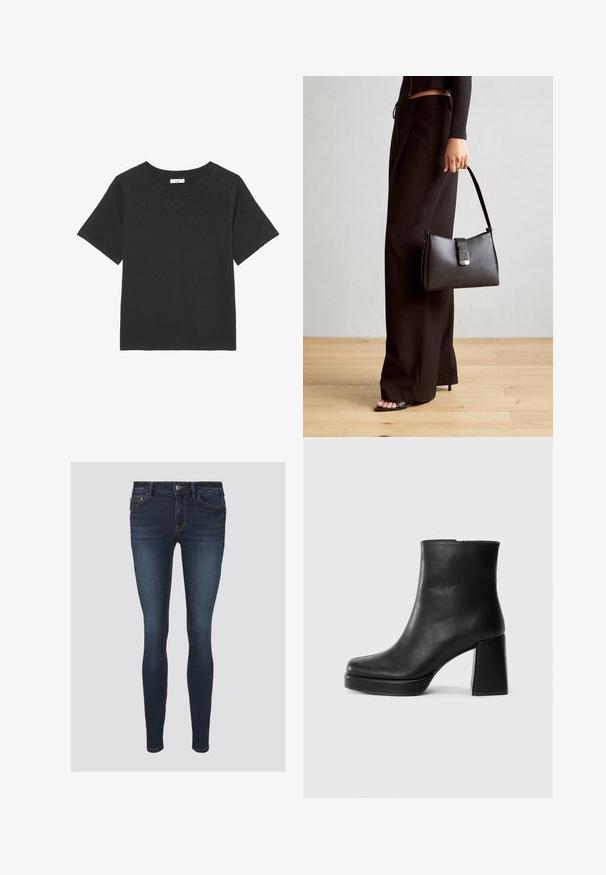Tricou negru din material moale, cu guler rotund și mâneci scurte. Designul este simplu, fără modele sau accente vizibile.; Jeans skinny din denim albastru închis, cu cusături portocalii, închidere cu nasture și buzunare frontale. Textură netedă cu o formă ajustată.; Botină din piele neagră, cu toc pătrat și talpă platformă, văzută din lateral pe un fundal alb simplu.; Genți negre cu o formă structurată, textură netedă și un închizător metalic. Asortată cu pantaloni negri largi și sandale cu vârf deschis pe un podea din lemn.