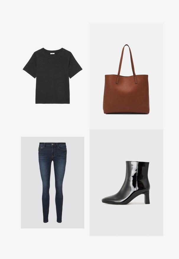 Crna majica izrađena od mekog materijala, s okruglim izrezom i kratkim rukavima. Dizajn je jednostavan bez vidljivih uzoraka ili akcenata.; Uske tanke traperice napravljene od tamnoplavog denima, s narančastim šavovima, zatvaranjem na gumb i prednjim džepovima. Glatka tekstura s prilagođenim oblikom.; Crne lakirane kožne gležnjače s šiljastim prstom i srednje visokom blok petom. Glatka tekstura i minimalistički dizajn.; Smeđa kožna torba preko ramena s glatkom teksturom, otvorenim vrhom i dvjema naramenicama. Ima minimalne šavove i nema vidljivog hardvera.