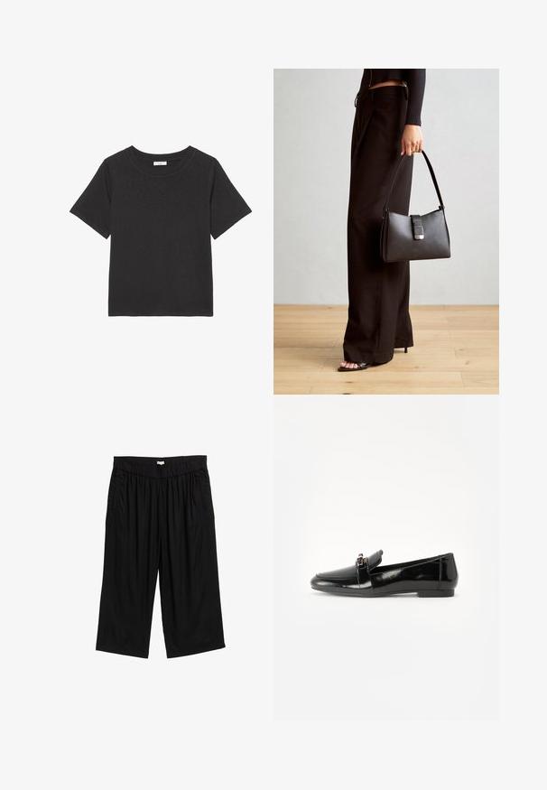 Musta t-paita, joka on valmistettu pehmeästä kankaasta ja jossa on pyöreä kaula-aukko sekä lyhyet hihat. Suunnittelu on yksinkertainen ilman näkyviä kuvioita tai korostuksia.; Mustat culotte-housut, joissa on joustava vyötärö, sivutaskut ja sileä, kevyt kangas. Malli on väljä.; Mustat kiiltonahka loafarit, joissa on tasapohja, pyöristetty kärki ja koristeellinen nauha kultasävyisellä yksityiskohdalla. Sujuva, kiiltävä pinta.; Musta käsilaukku, jossa on rakenteellinen muoto, sileä pinta ja metallinen solki. Yhdistetty leveisiin mustiin housuihin ja avonaiheisiin sandaaleihin puulattialla.
