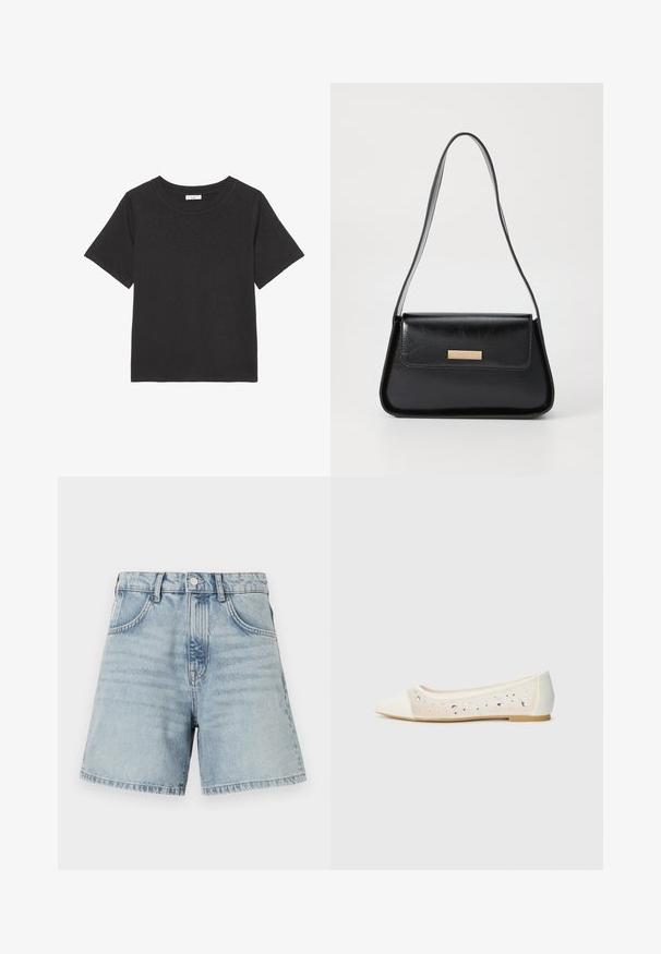 Schwarzes T-Shirt aus weichem Stoff, mit Rundhalsausschnitt und kurzen Ärmeln. Das Design ist schlicht, ohne sichtbare Muster oder Akzente.; Hellblaue Jeansshorts mit hoher Taille, Fünf-Taschen-Design und rohem Saum. Der Stoff hat eine leichte Ausbleichung mit sichtbaren Nähdetails.; Spitz zulaufende Ballerinas aus cremefarbenem Leder mit transparentem Obermaterial, verziert mit verstreuten Strasssteinen. Weiche Sohle für Komfort, minimalistische Gestaltung.; Schwarze Lederhandtasche mit einer strukturierten dreieckigen Form, schmalem Trageriemen und goldfarbenen Beschlägen, die über ein Logo-Emblem auf der vorderen Klappe verfügt.