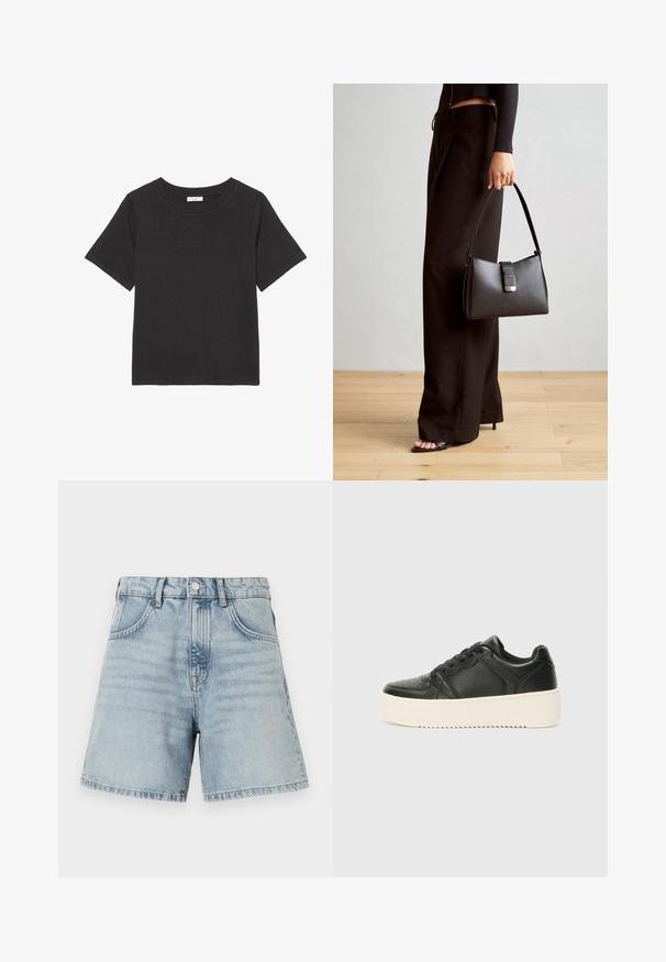 Črna majica s kratkimi rokavi iz mehkega materiala, s krožnim izrezom. Oblikovanje je preprosto, brez vidnih vzorcev ali dodatkov.; Svijetloplave traper gaćice s visokim strukom, dizajnom od pet džepova i sirovim rubom. Tkanina ima blago izbljeđeni izgled s vidljivim detaljima šivanja.; Črne usnjene superge z gladko teksturo, debele kreme barve na podplatu, okroglo konico in klasičnim vezalnim dizajnom. Nežna šivalna podrobnost.; Črna torbica z strukturirano obliko, gladko teksturo in kovinskim zaponko. Ujemajo se z širokimi črnimi hlačami in odprtimi sandali na lesenem tleh.