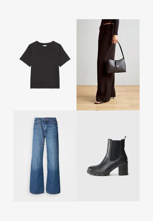 T-shirt preta feita de tecido macio, com gola redonda e mangas curtas. O design é simples, sem padrões ou acentos visíveis.; Jeans largos de cor azul clara feitos de denim. Apresentam uma cintura alta, costura visível e um cinto de laço. Textura desbotada na parte inferior.; Bota de tornozelo em couro preto com painéis laterais elásticos, sola de borracha robusta e um salto bloco alto. Apresenta uma alça na parte de trás.; Bolsa preta com forma estruturada, textura suave e um fecho metálico. Combinada com calças largas pretas e sandálias de salto aberto sobre um chão de madeira.