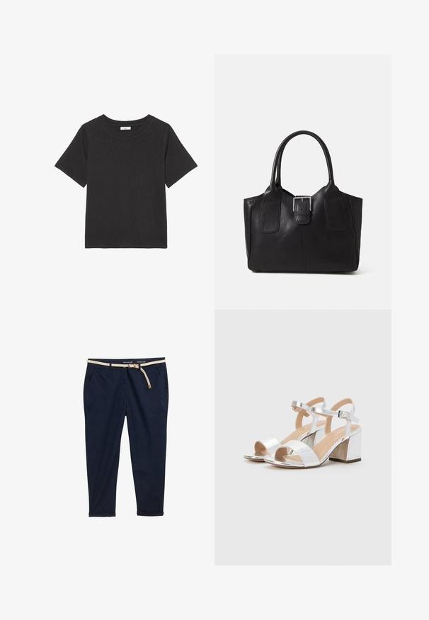 Tricou negru din material moale, cu guler rotund și mâneci scurte. Designul este simplu, fără modele sau accente vizibile.; Chino navy cu o curea țesută crem. Are două buzunare laterale, o croială lejeră și manșete răsucite la glezne. Țesătură din bumbac.; Sandale argintii cu toc înalt, cu vârful deschis, având două curele late și un toc pătrat rotunjit. Textură netedă cu finisaj metalic.; Geantă tote din piele neagră cu textură netedă, formă structurată, două mânere și un detaliu proeminent din aliaj de argint pe partea din față.