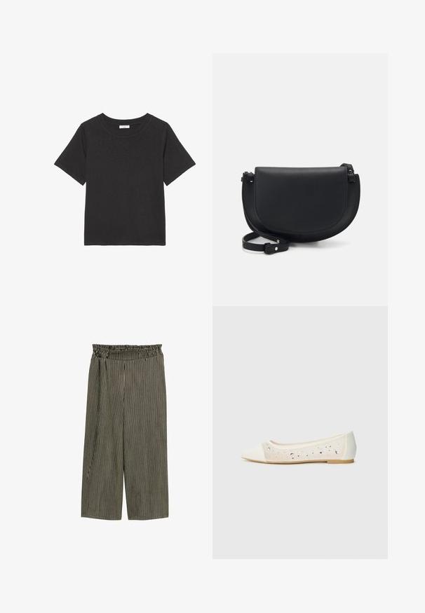 Juodas tinkamas marškinėliai, pagaminti iš minkštos medžiagos, su apykakle ir trumpomis rankovėmis. Dizainas paprastas, be matomų raštų ar akcentų.; Juostuoti kelnių su elastinga juosta, juodos ir kreminės spalvų. Plataus kojų dizainas, iki vidurinės blauzdos ilgio, su lygiu paviršiumi.; Kreminės odos balerinos bateliai su skaidriu viršumi, dekoruoti išsibarsčiusiais kristalais. Minkštas padas užtikrina komfortą, minimalistinis dizainas.; Juodas odinis kryžminis krepšys su kreivine forma, magnetine užsegimu, reguliuojama petneša ir iškilmingu logotipo elementu priekyje.