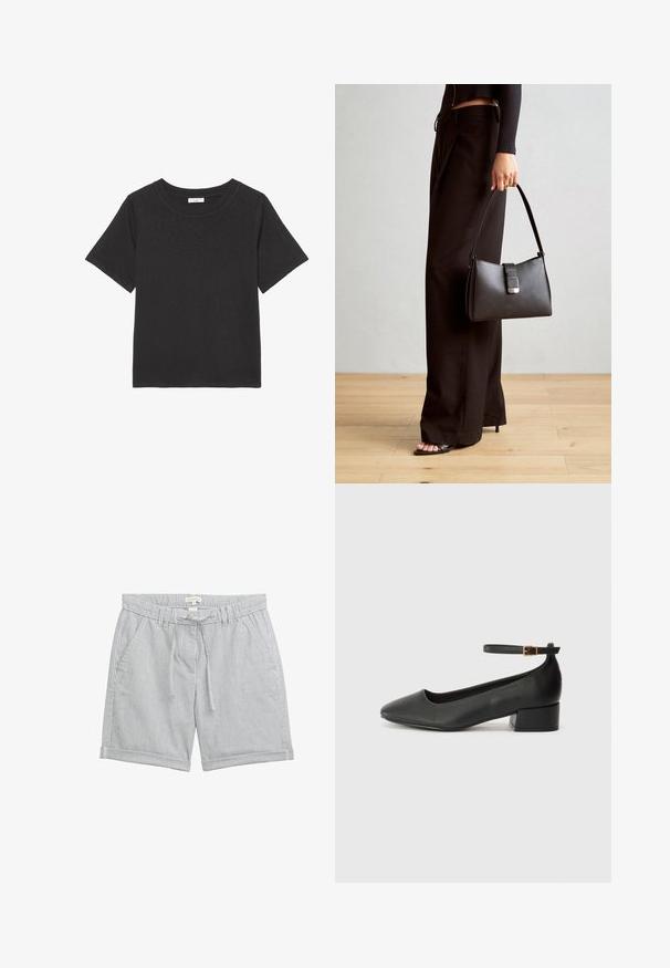Schwarzes T-Shirt aus weichem Stoff, mit Rundhalsausschnitt und kurzen Ärmeln. Das Design ist schlicht, ohne sichtbare Muster oder Akzente.; Leichte Baumwollshorts mit vertikalen blauen und weißen Streifen. Verfügt über einen elastischen Bund mit Kordelzug und seitlichen Taschen. Umschlagkante.; Schwarze Lederpumps mit spitzem Zehenbereich und niedrigem Blockabsatz. Mit einem Knöchelriemen und einer goldfarbenen Schnalle. Glatte Textur.; Schwarze Handtasche mit strukturierter Form, glatter Textur und einem metallischen Verschluss. Kombiniert mit weiten schwarzen Hosen und offenen Sandalen auf einem Holzboden.