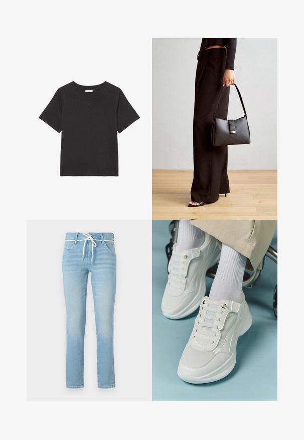 Black t-shirt made of soft fabric, featuring a crew neckline and short sleeves. The design is simple with no visible patterns or accents.; Light blue denim jeans with a straight-leg design, featuring a white drawstring at the waist and subtle fading throughout.; White sneakers featuring a mesh material, rubber sole, lace-free design with elastic bands, and gold-toned accents.; Black handbag with structured shape, smooth texture, and a metallic clasp. Paired with wide black pants and open-toe sandals on wooden floor.