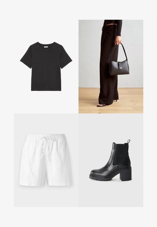Sort t-shirt lavet af blødt stof, med en rund halsudskæring og korte ærmer. Designet er simpelt uden synlige mønstre eller detaljer.; Hvide bomulds shorts med elastisk talje, snøre detaljer og en afslappet pasform. Glat tekstur og knæ-længde design.; Sorte læder ankelstøvler med en kraftig hæl, elastiske sidedele og en trækhank bagpå. Struktureret sål for ekstra greb.; Sort håndtaske med struktureret form, glat overflade og metalspænde. Sammen med brede sorte bukser og sandaler med åben tå på trægulv.